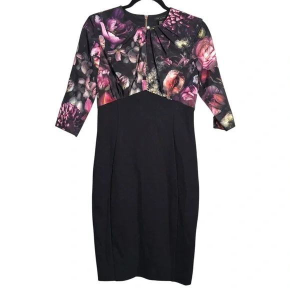 Ted Baker Hounest Shadow Floral Gathered Dress Sz 2 US Sz 6 - Picture 3 of 11